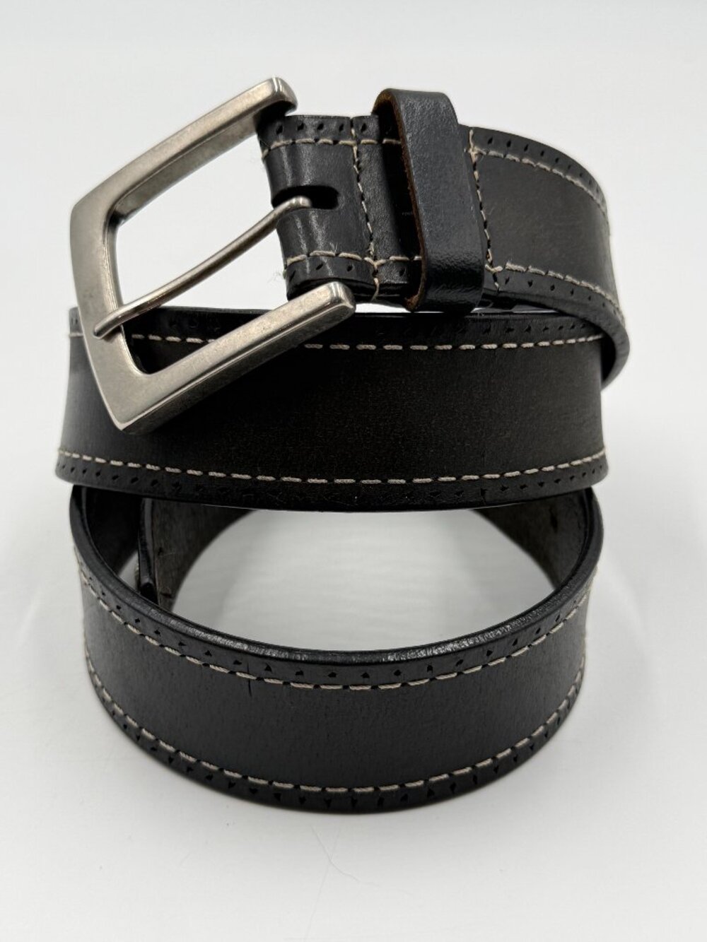 Black Genuine Leather Belt with White Stitching Size 34 Silver Buckle 1 3/8" W